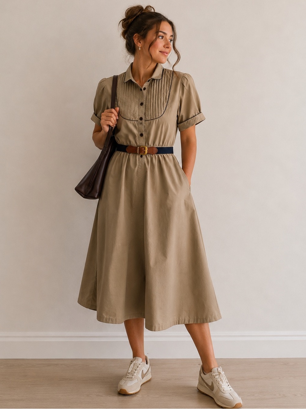 Vintage Millicent California Khaki Shirt Dress Pintuck Bib Puff Sleeve - Picture 1 of 9